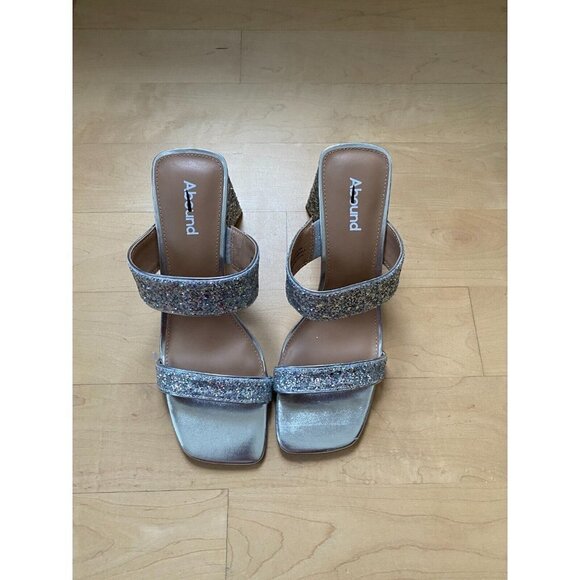ABOUND "Carina" Block Triangle Heel Sandals Silver Glitter Slides - Picture 2 of 11